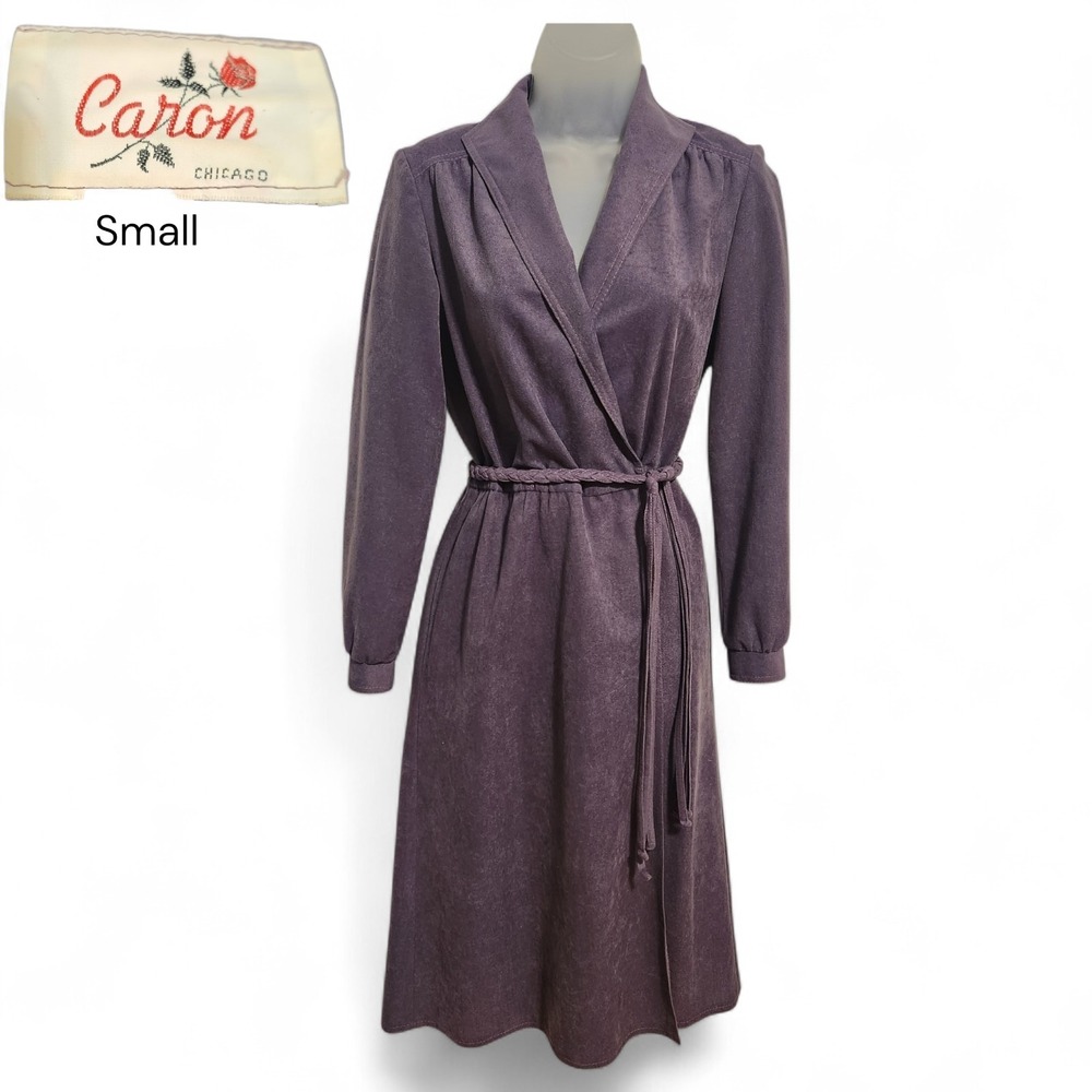 VTG 70s Caron Chicago Purple Wrap Braid Belt Dress Small S Long Sleeve Prairie